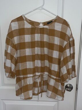 Who What Wear Mustard and White Gingham Drawstring Peasant Blouse